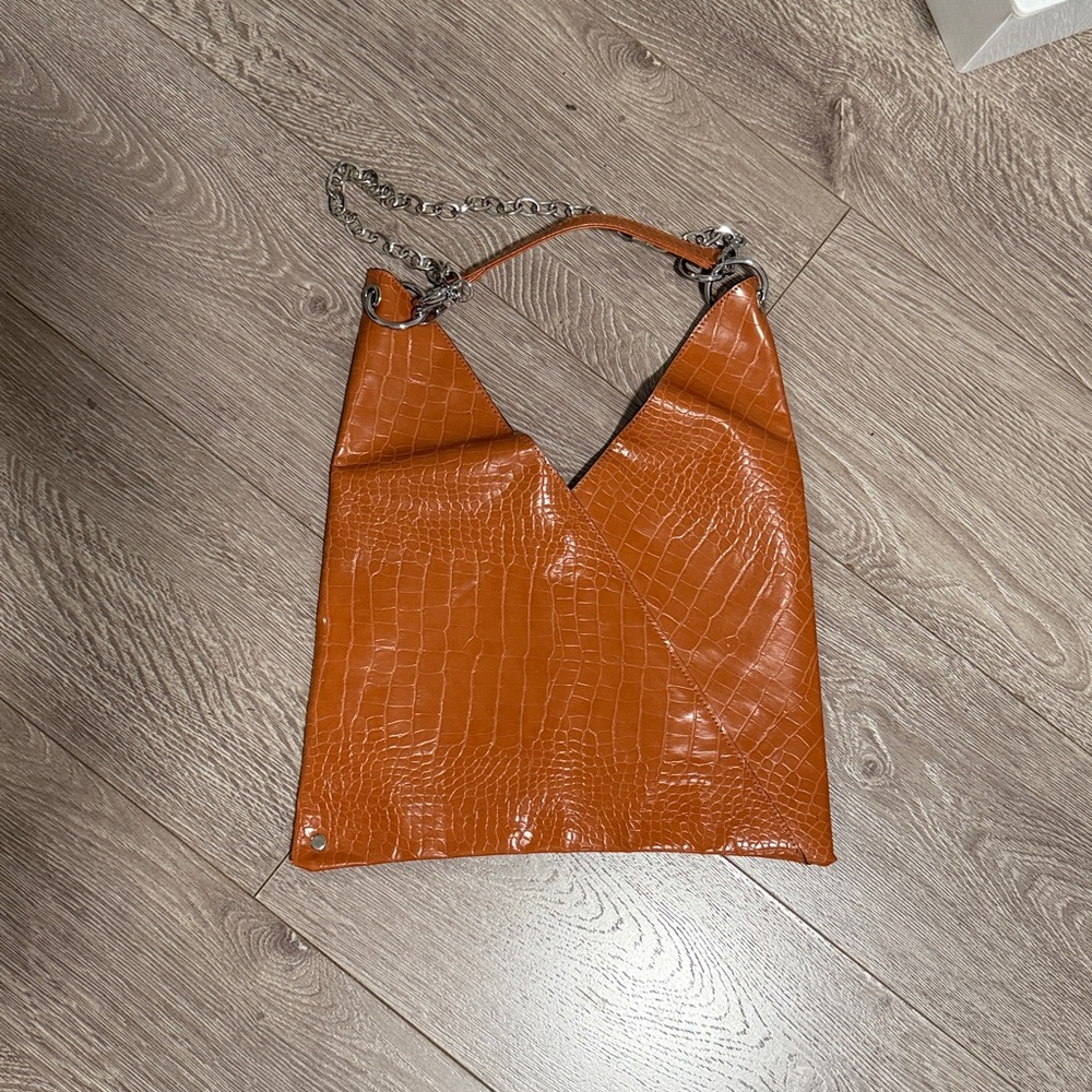 Croc-Embossed Tan Shoulder Bag